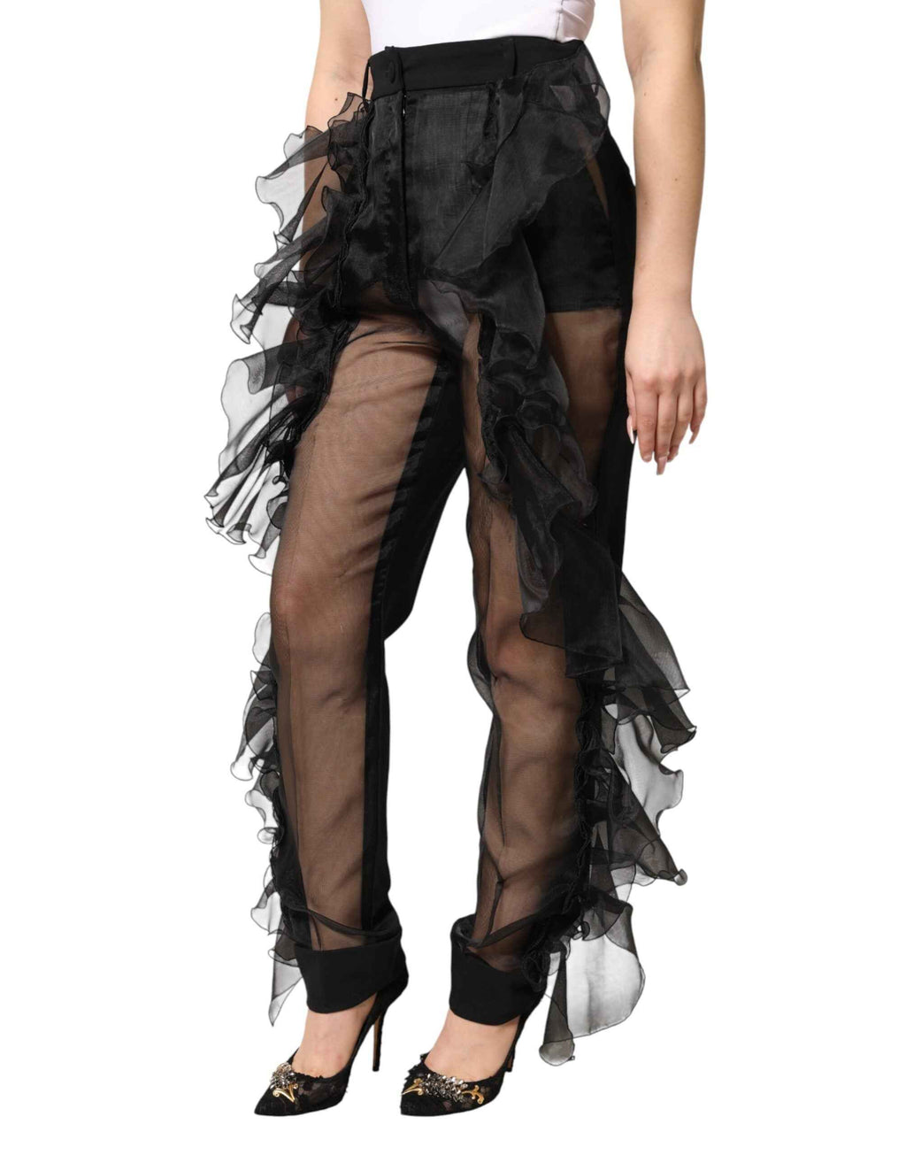 Dolce & Gabbana Black High Waist Tulle Wool Trouser Pants
