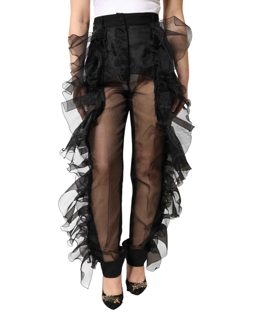 Dolce & Gabbana Black High Waist Tulle Wool Trouser Pants