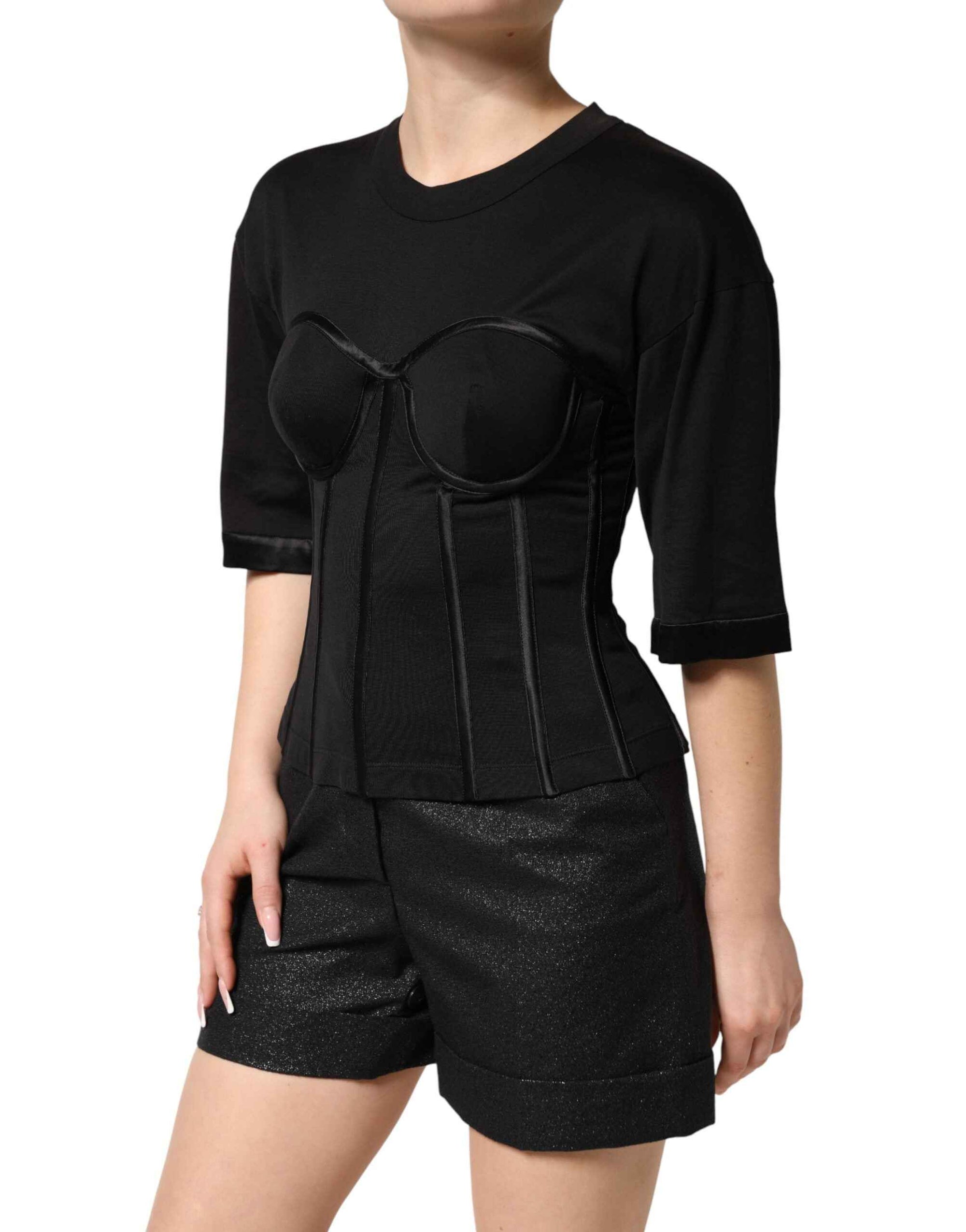 Dolce & Gabbana Black Cotton Bustier Corset Short Sleeves T-shirt