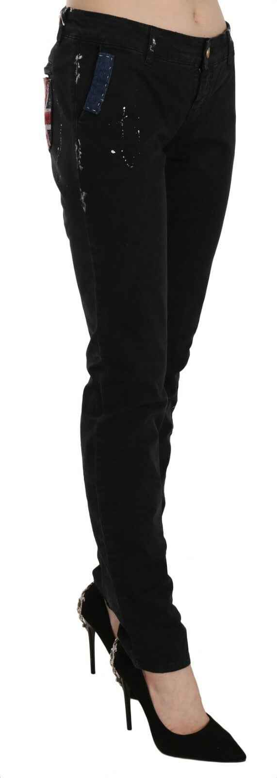John Galliano Black Low Waist White Paint Skinny Denim Pants Jeans