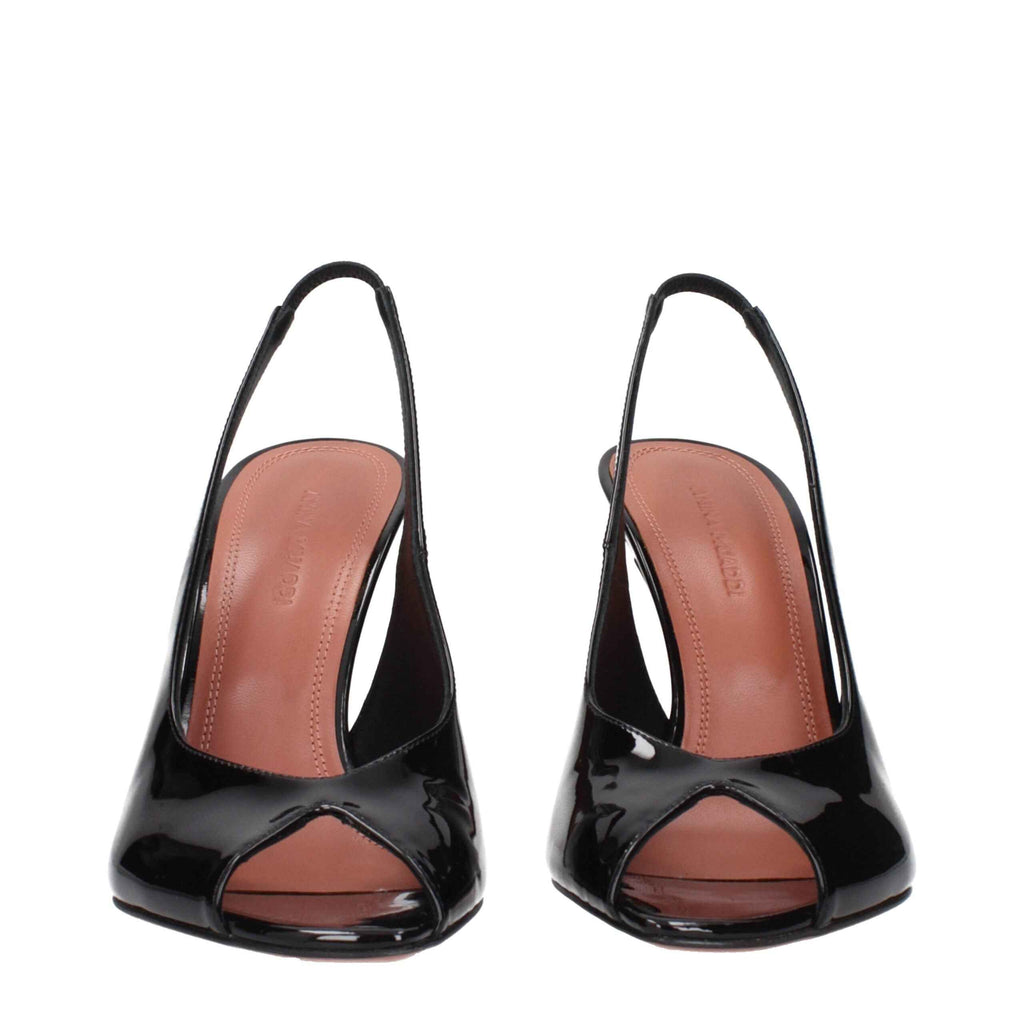 Amina Muaddi Black Leather Stiletto Heel Sandals