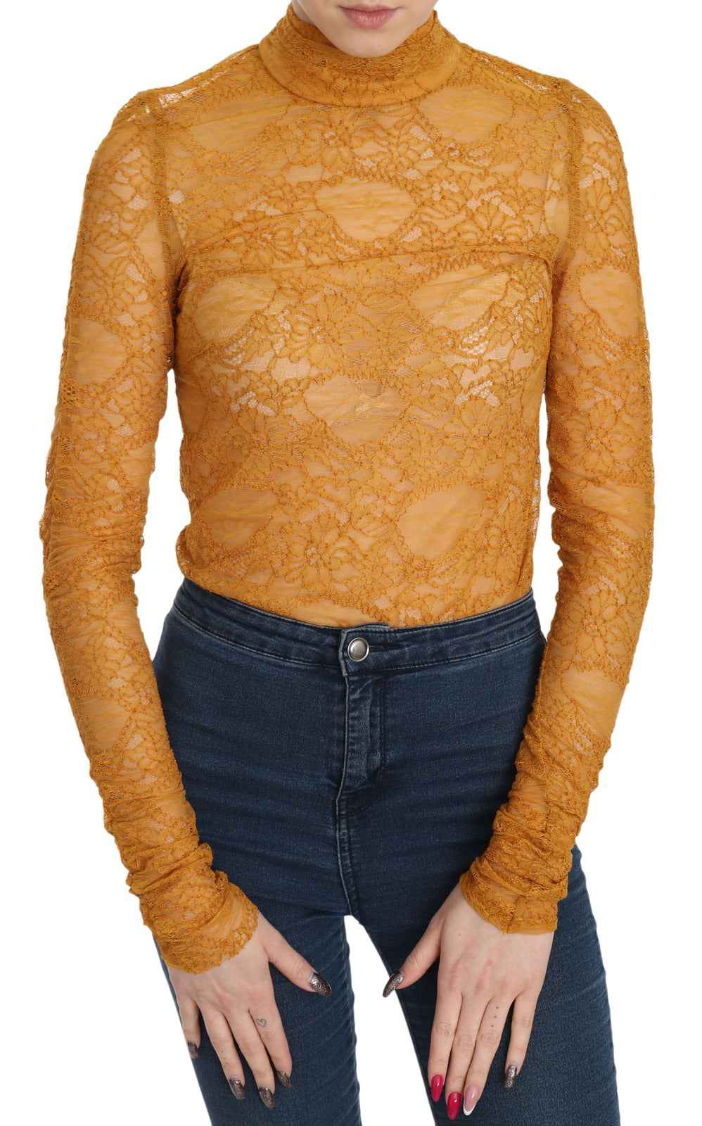 Mangano Mustard Turtle Neck Long Sleeve Lace Top Blouse