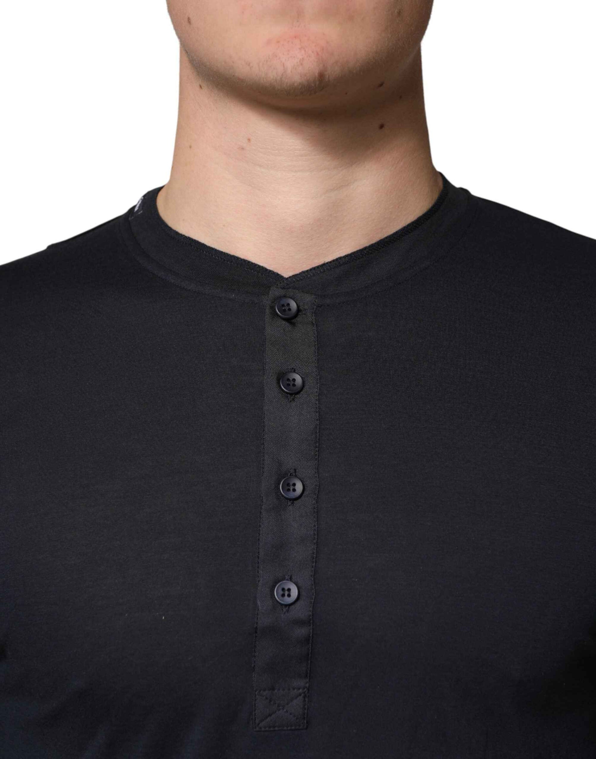 Dolce & Gabbana Dark Blue Cotton Henley Long Sleeves T-Shirt