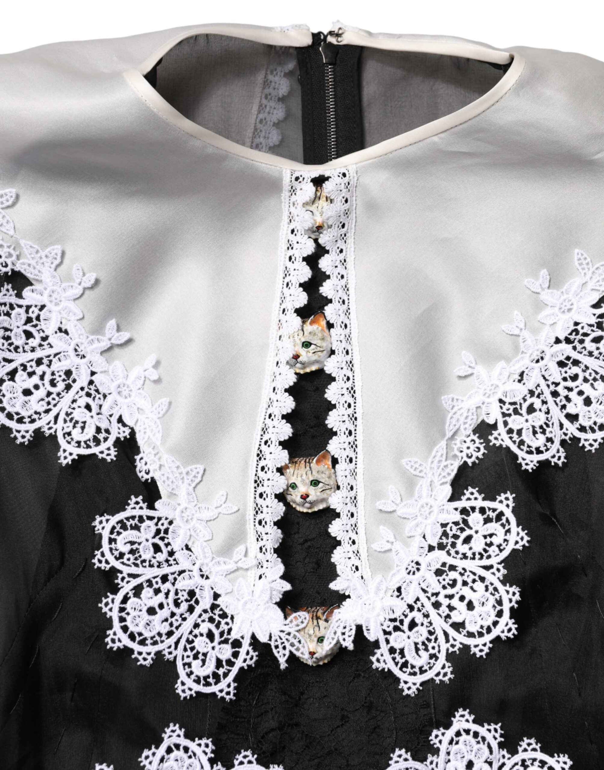 Dolce & Gabbana Black White Silk Macrame Lace Midi Dress