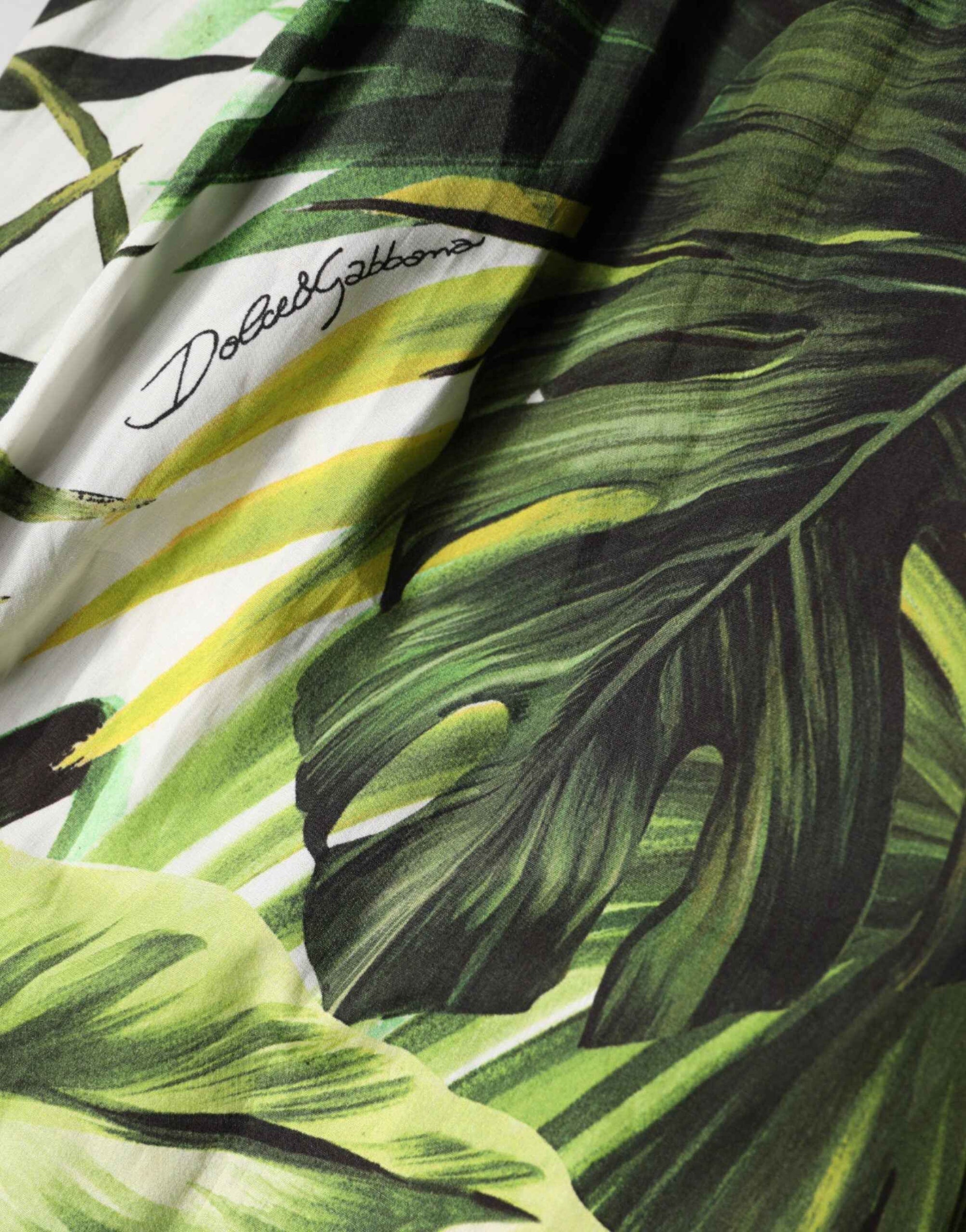 Dolce & Gabbana Green Leaves Print Cotton Halter Midi Dress