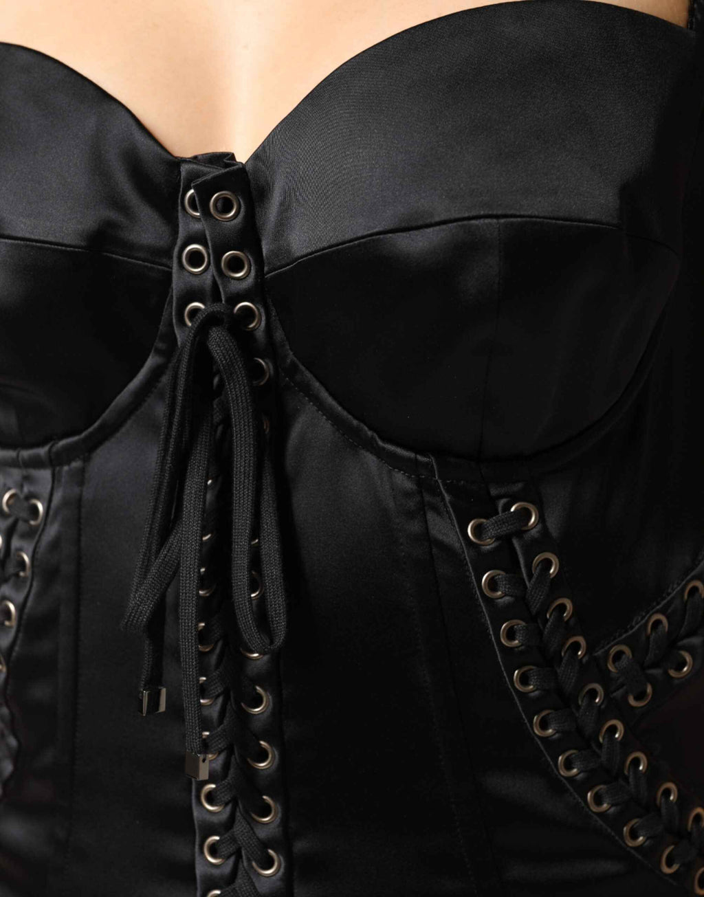 Dolce & Gabbana Black Satin Acetate Lace Eyelets Mini Dress