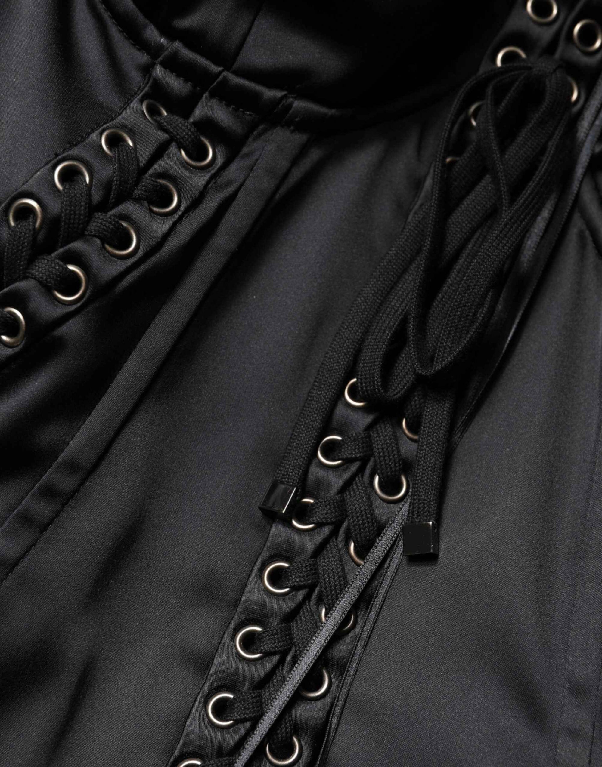 Dolce & Gabbana Black Satin Acetate Lace Eyelets Mini Dress