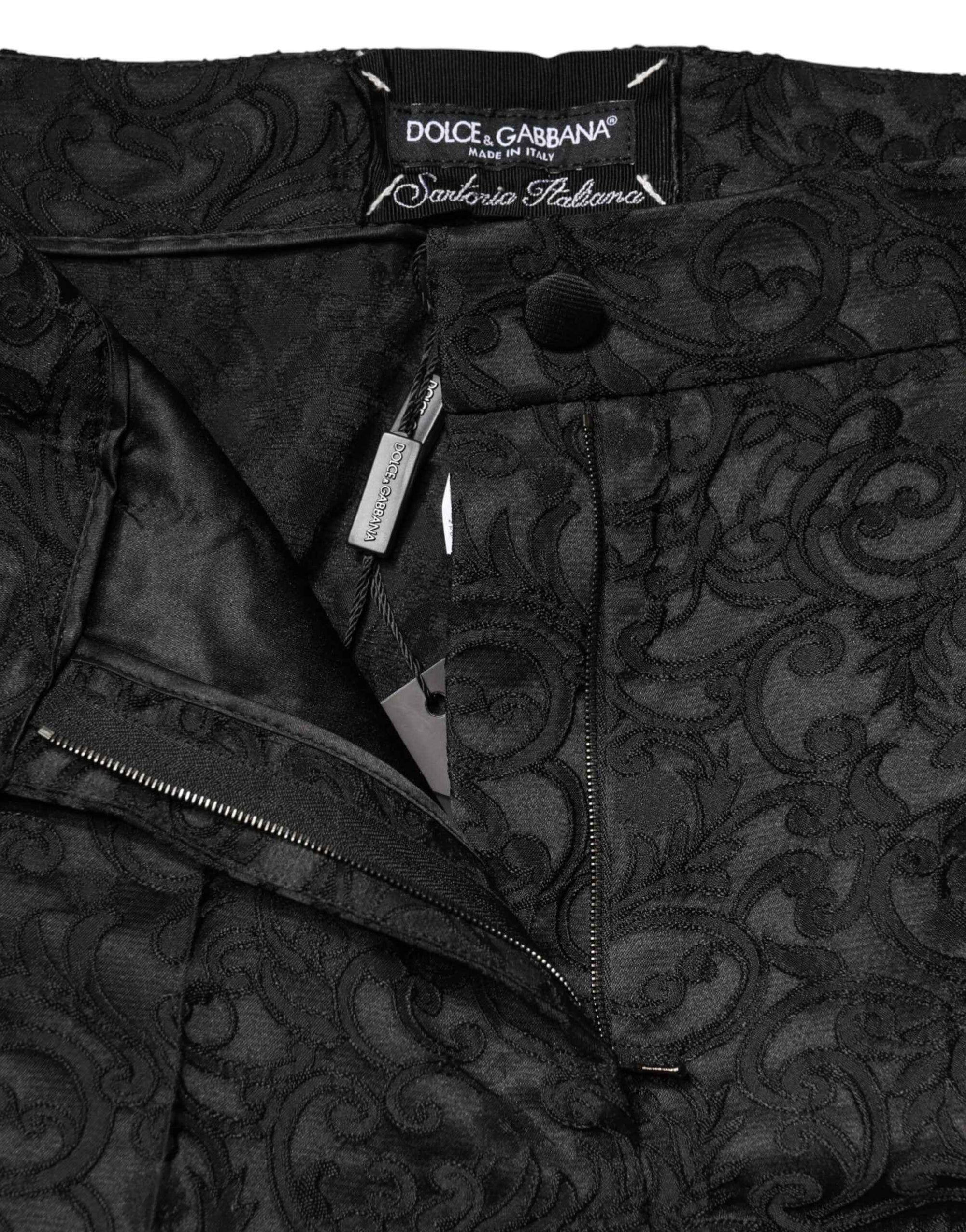 Dolce & Gabbana Black Floral Brocade High Waisted Trouser Pants
