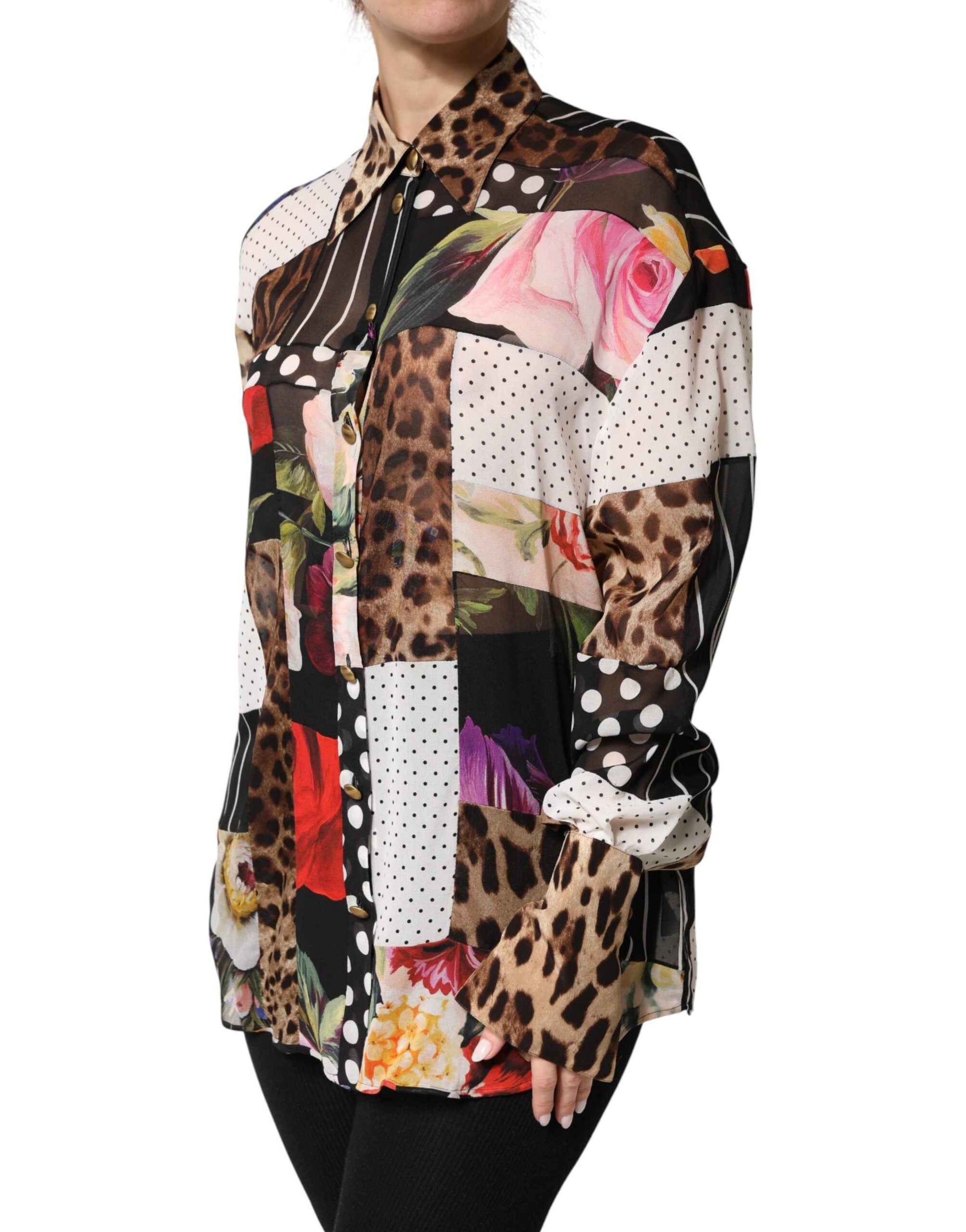 Dolce & Gabbana Multicolor Patchwork Silk CollaredBlouse Top