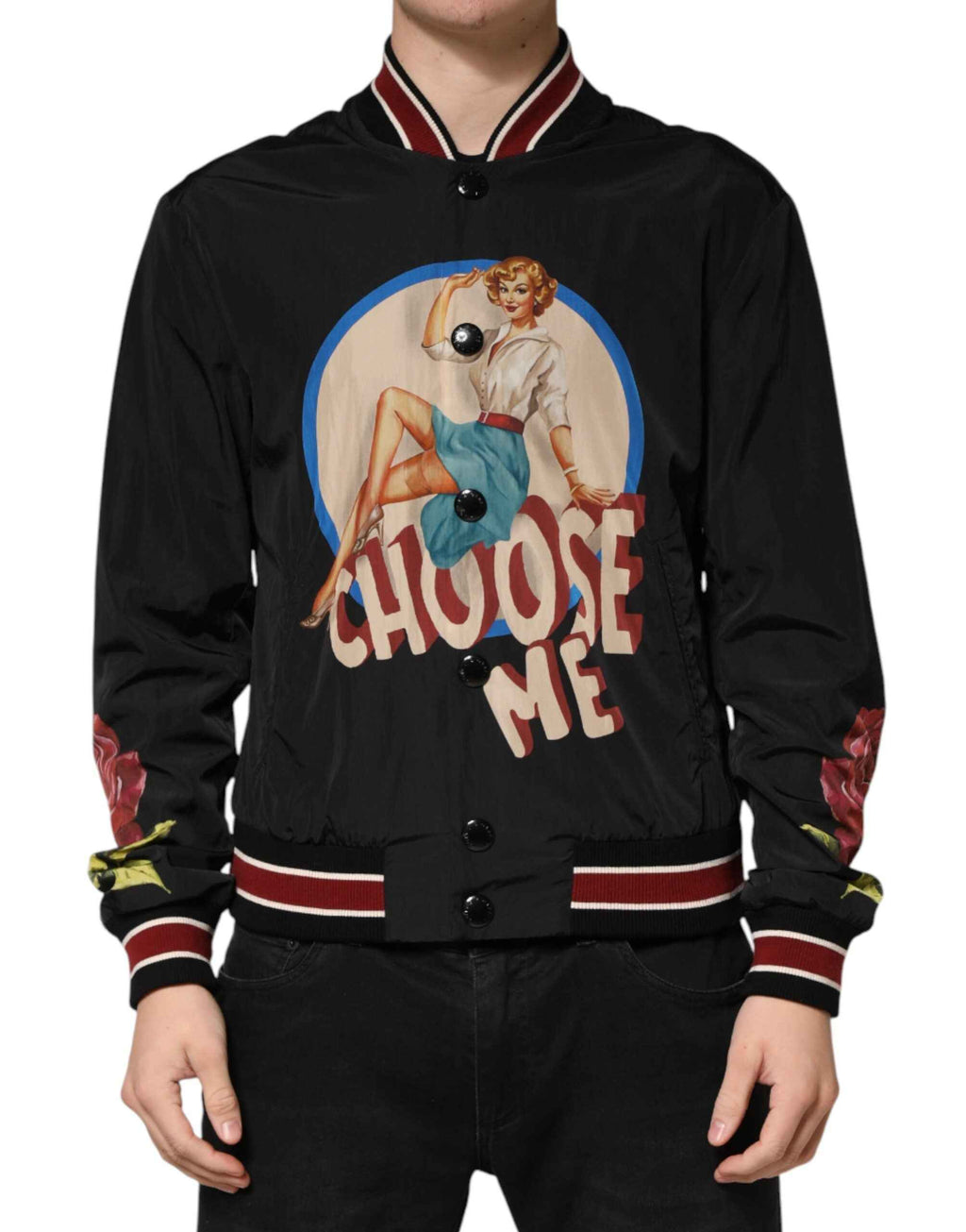 Dolce & Gabbana Black Pin Up Button Down Men Bomber Jacket